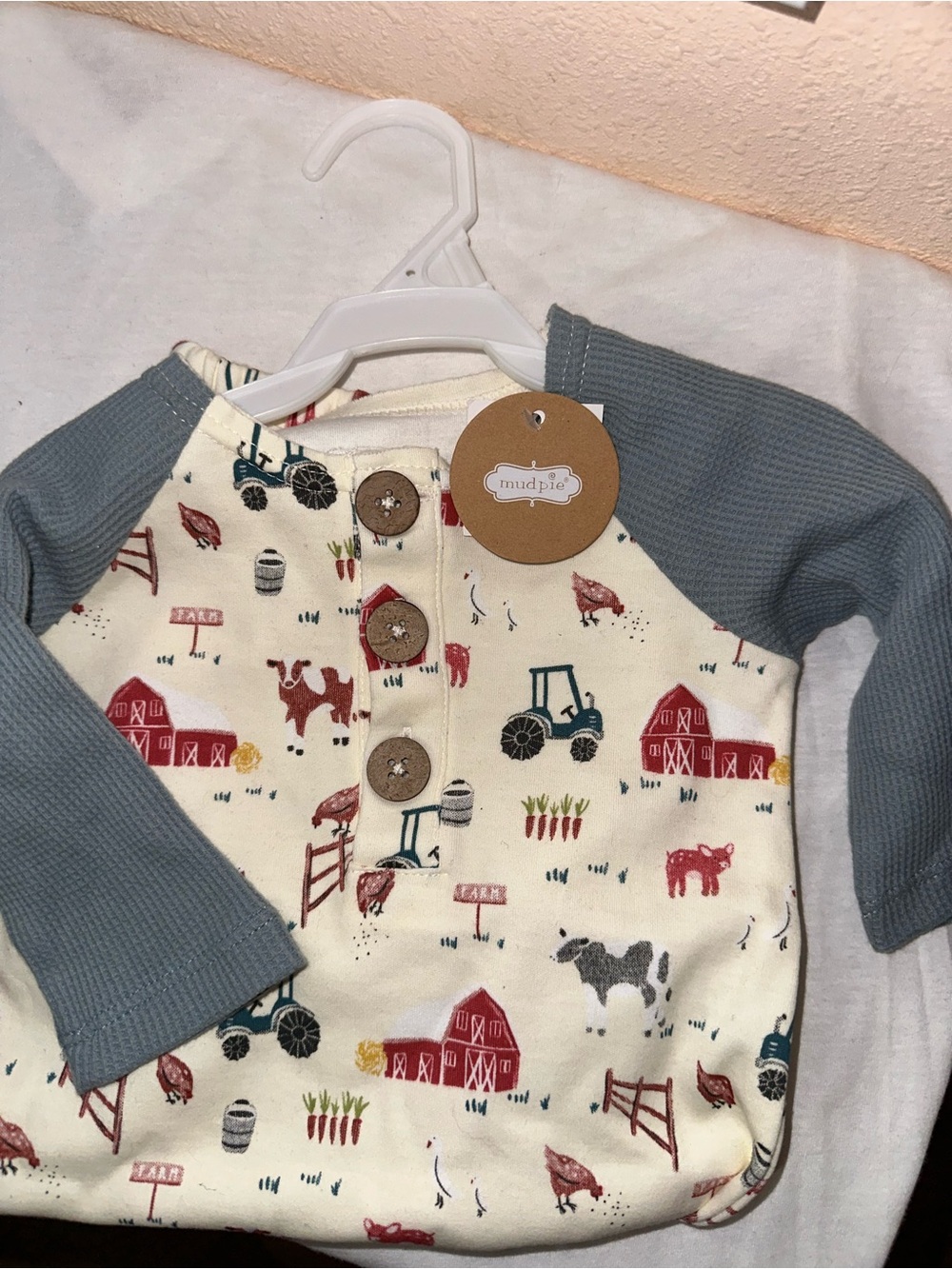 Mud Pie Cream Henley with Blue-Gray Sleeves and Farm Print
